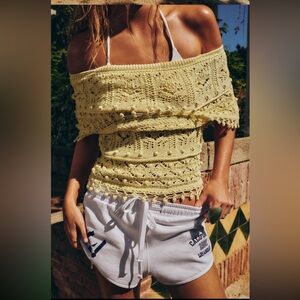 Structured off the shoulder crochet knit top textured